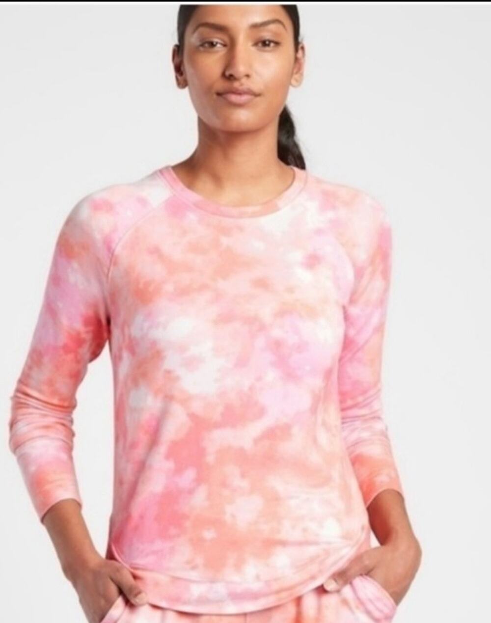 Athleta Mindset Printed Sweatshirt Positive Latitude Pink Tie Dye Petite Large.